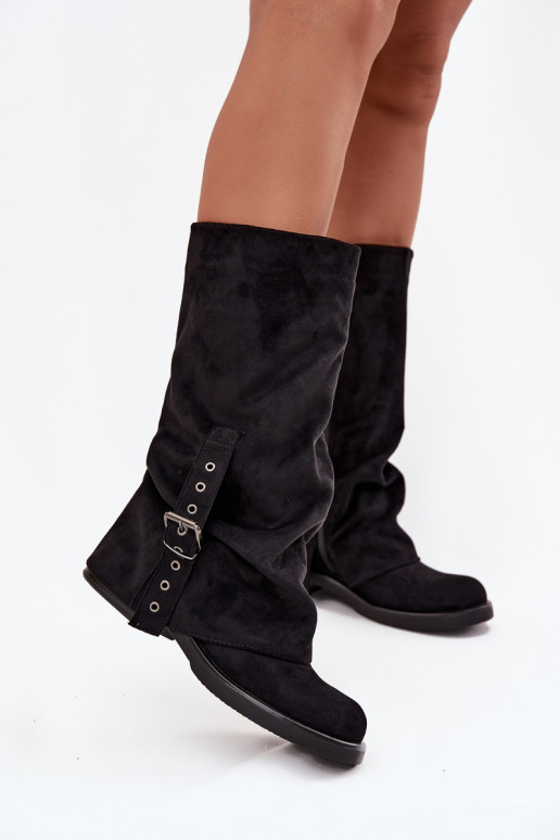 botas femininas Com top enrolado I com fivelas cor preta Ophelis