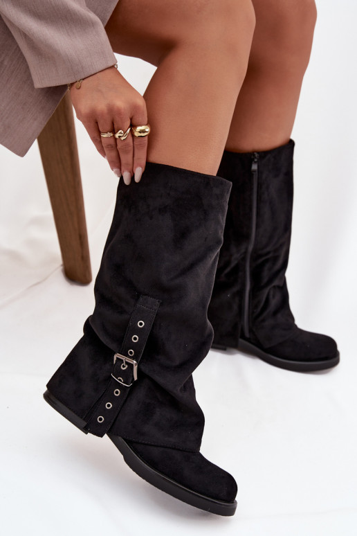 botas femininas Com top enrolado I com fivelas cor preta Ophelis