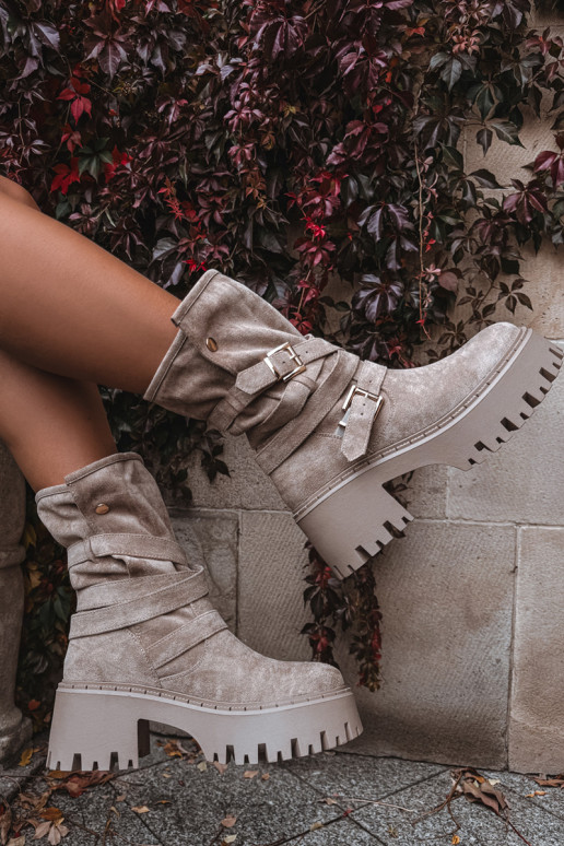 Botas femininas Em saltos enormes com fivelas I Tirasem bege Nerelisa Botas femininas Em saltos enormes com fivelas I Tirasem bege Nerelisa