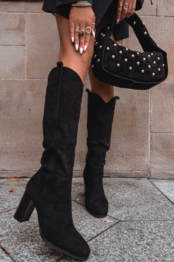 Botas femininas de cano longo com salto de camurça sintética pretas Prisca 2