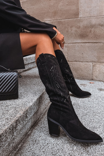 Botas femininas de estilo cowboy de cano longo com salto de camurça sintética pretas Coretta