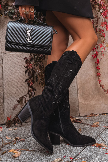 Botas femininas de estilo cowboy de cano longo com salto de camurça sintética pretas Coretta 2