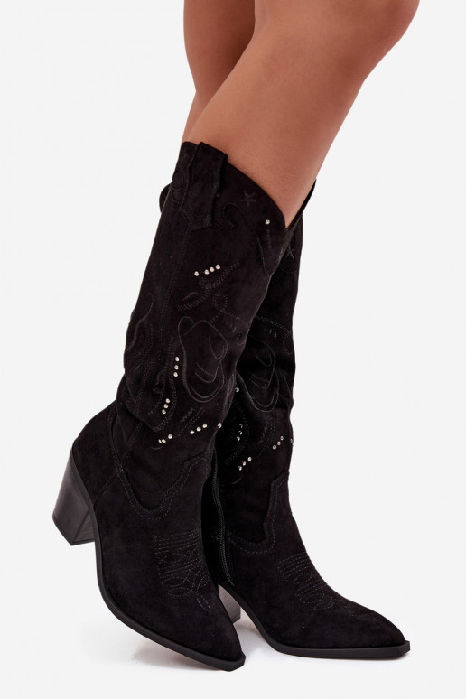 botas estilo vaqueiro Feminino com saltode camurça ecológicau cor preta Coretta botas estilo vaqueiro Feminino com saltode camurça ecológicau cor preta Coretta