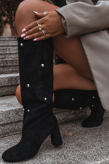 Botas femininas de cano longo quentes com salto e detalhes elegantes pretas Lucinda 2