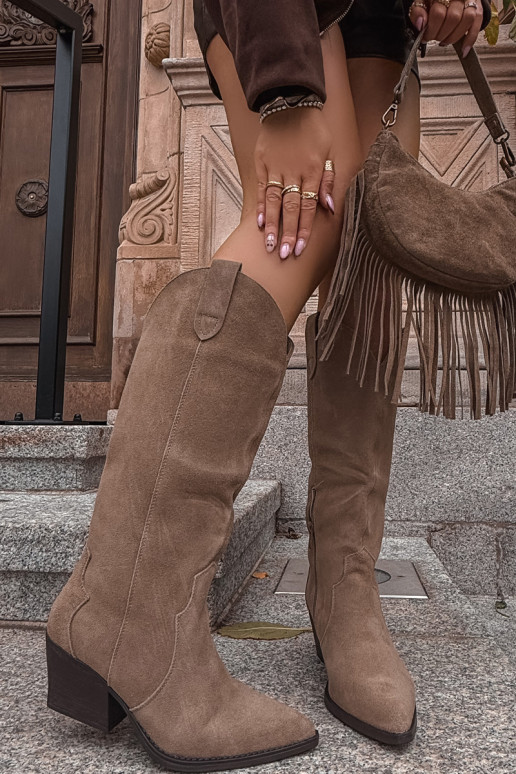 Pele de camurça botas estilo vaqueiro Feminino aquecimento cor cáqui Urselle Pele de camurça botas estilo vaqueiro Feminino aquecimento cor cáqui Urselle