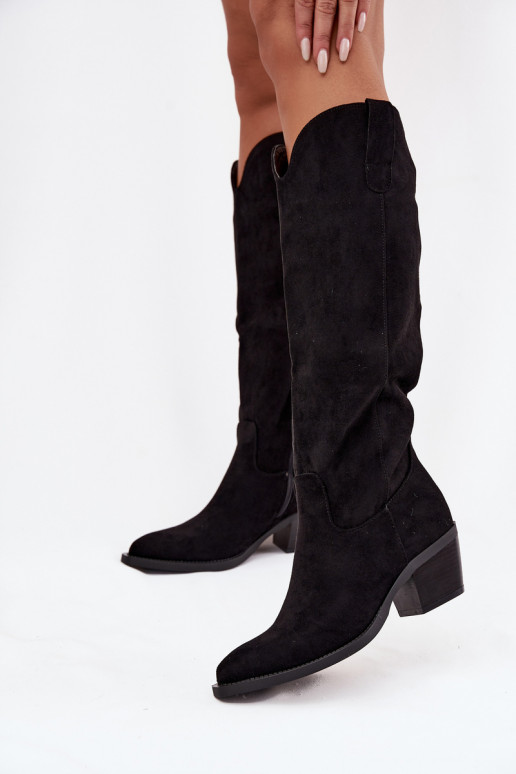 botas estilo vaqueiro Feminino com saltode camurça ecológicau cor preta Esmira botas estilo vaqueiro Feminino com saltode camurça ecológicau cor preta Esmira