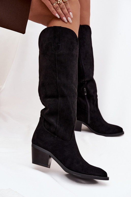 botas estilo vaqueiro Feminino com saltode camurça ecológicau cor preta Esmira botas estilo vaqueiro Feminino com saltode camurça ecológicau cor preta Esmira