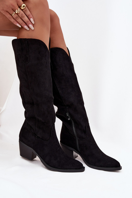 botas estilo vaqueiro Feminino com saltode camurça ecológicau cor preta Esmira botas estilo vaqueiro Feminino com saltode camurça ecológicau cor preta Esmira