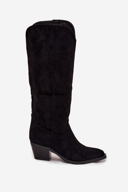 botas estilo vaqueiro Feminino com saltode camurça ecológicau cor preta Esmira botas estilo vaqueiro Feminino com saltode camurça ecológicau cor preta Esmira
