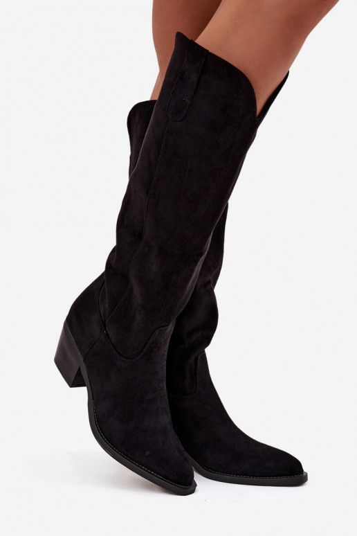 botas estilo vaqueiro Feminino com saltode camurça ecológicau cor preta Esmira botas estilo vaqueiro Feminino com saltode camurça ecológicau cor preta Esmira