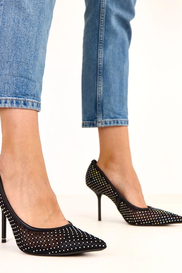 Sapatos de salto alto pretos de malha decorados com zircons Rita