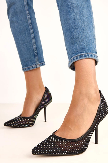 Sapatos de salto alto pretos de malha decorados com zircons Rita 2