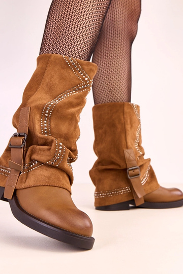 Botas de cano alto marrons com cano dobrado decoradas com zircônios Ginny 2