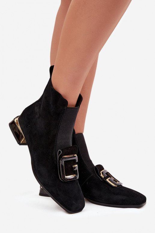Pele Sapatos de camurça Feminino De salto baixo com enfeites D&A MR52-217 cor preta Pele Sapatos de camurça Feminino De salto baixo com enfeites D&A MR52-217 cor preta