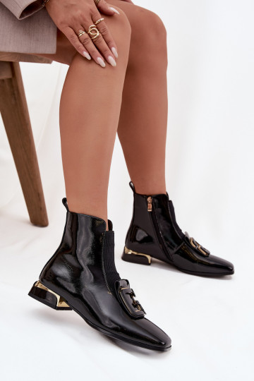 Pele com efeito verniz Botas femininas De salto baixo com enfeites D&A MR52-216 cor preta