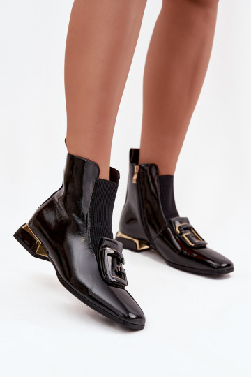 Pele com efeito verniz Botas femininas De salto baixo com enfeites D&A MR52-216 cor preta 2