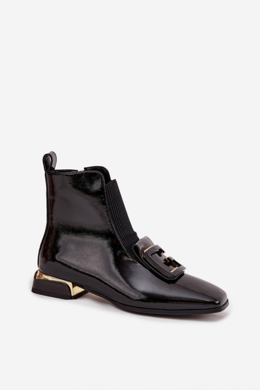 Pele com efeito verniz Botas femininas De salto baixo com enfeites D&A MR52-216 cor preta Pele com efeito verniz Botas femininas De salto baixo com enfeites D&A MR52-216 cor preta