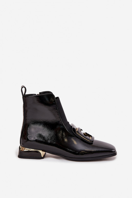 Pele com efeito verniz Botas femininas De salto baixo com enfeites D&A MR52-216 cor preta Pele com efeito verniz Botas femininas De salto baixo com enfeites D&A MR52-216 cor preta