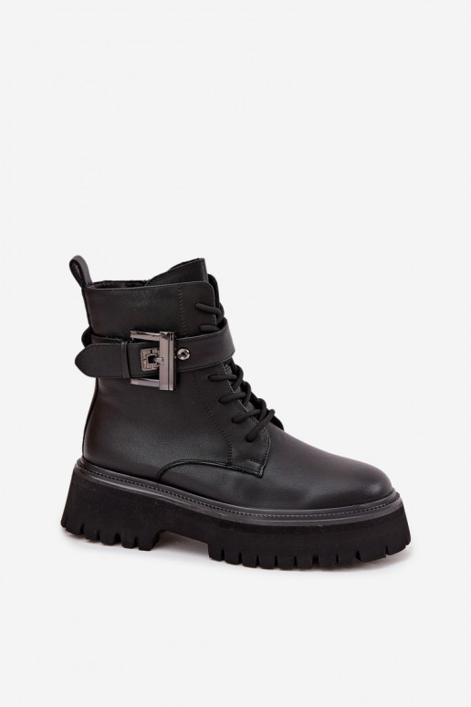 Pele Botins de trabalho Feminino aquecimento decorar com fivelas D&A MK52-032 cor preta