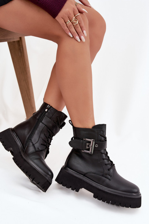 Pele Botins de trabalho Feminino aquecimento decorar com fivelas D&A MK52-032 cor preta