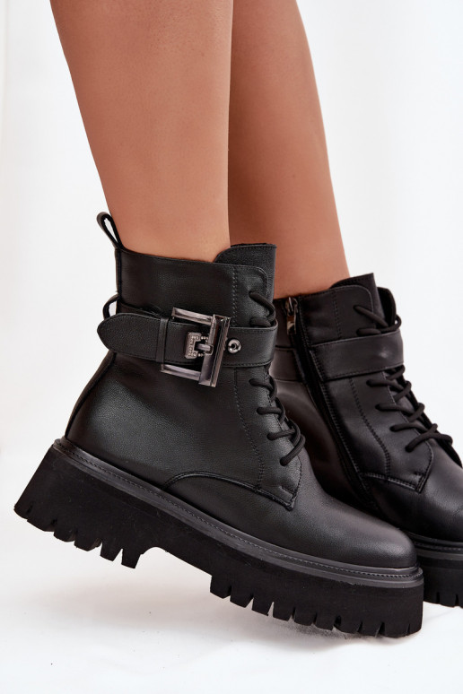 Pele Botins de trabalho Feminino aquecimento decorar com fivelas D&A MK52-032 cor preta