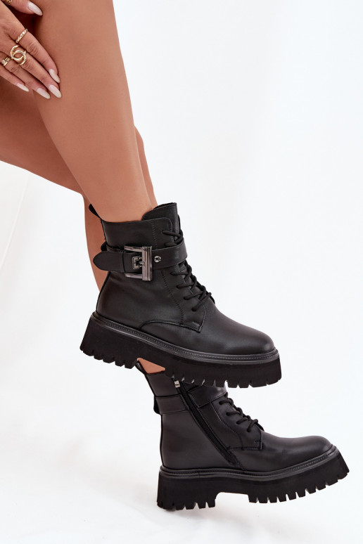 Pele Botins de trabalho Feminino aquecimento decorar com fivelas D&A MK52-032 cor preta