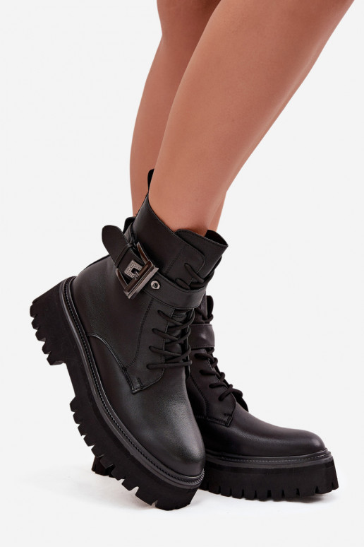 Pele Botins de trabalho Feminino aquecimento decorar com fivelas D&A MK52-032 cor preta