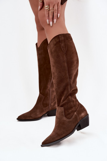 Botas de cano alto estilo cowboy de camurça sintética aquecidas Zazoo 4225 marrons 2