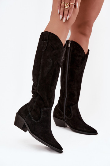 Botas de cano alto estilo cowboy de camurça sintética aquecidas Zazoo 4225 pretas 2