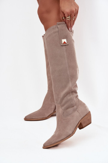 Botas de cano longo em couro sintético estilo cowboy na cor cappuccino Zazoo 4224 2