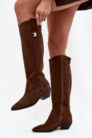 Botas de cano longo em couro sintético estilo cowboy na cor marrom Zazoo 4224