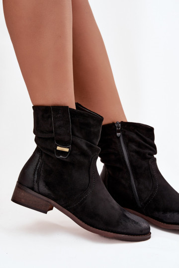 Botas femininas de cano curto quentes em preto com babados e salto baixo Gracia