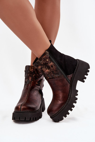 Botas de couro forradas com plataforma, de salto baixo, Tai turiciejka 06140-02, cor marrom