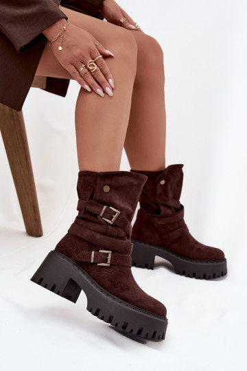 Botas femininas de cano curto com saltos grossos, fivelas e tiras, cor chocolate, Nerelisa