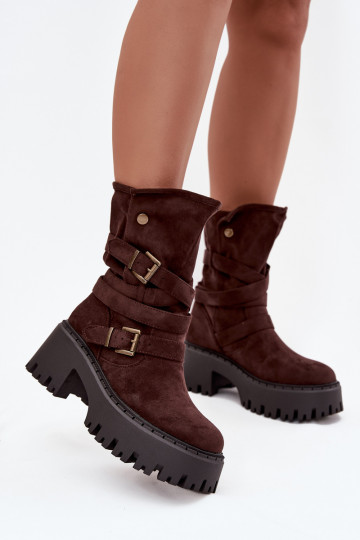Botas femininas de cano curto com saltos grossos, fivelas e tiras, cor chocolate, Nerelisa 2