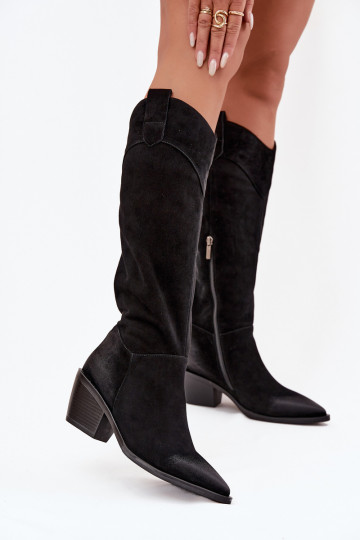 Botas femininas estilo cowboy de cano longo com saltos em camurça natural Artiker 57C0232, cor preta 2