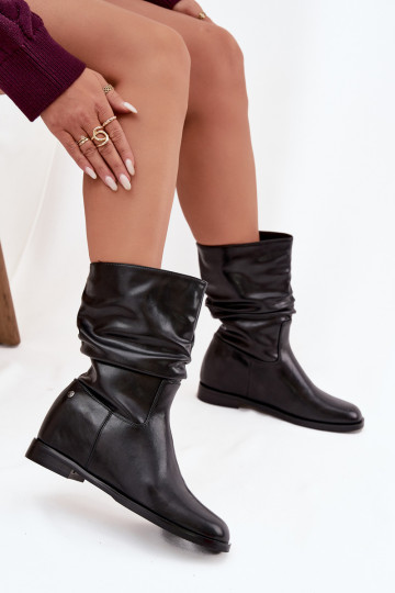 Botas femininas de couro pretas com babados, forradas Tai turiciejka K7211-01