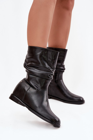 Botas femininas de couro pretas com babados, forradas Tai turiciejka K7211-01 2