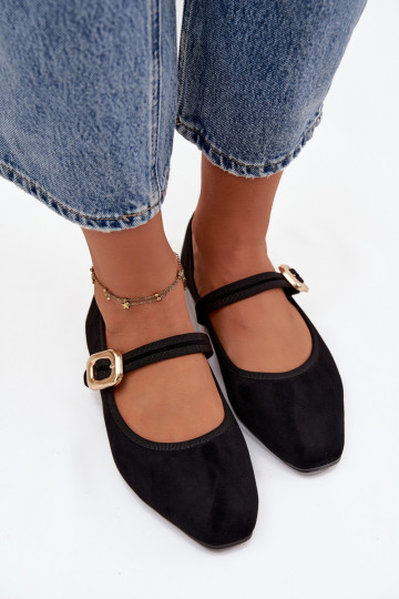 Bailarinas com alças I Złotą com fivelas de camurça ecológicaoParae cor preta Adelora