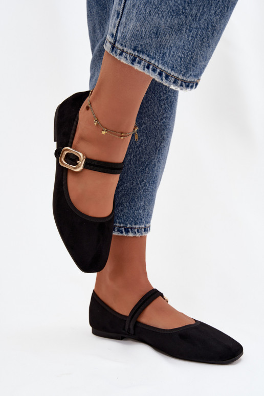 Bailarinas com alças I Złotą com fivelas de camurça ecológicaoParae cor preta Adelora
