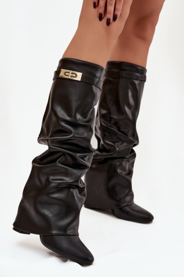 Botas femininas de cano alto com saltos e palmilha estampada na cor preta Glorine 2
