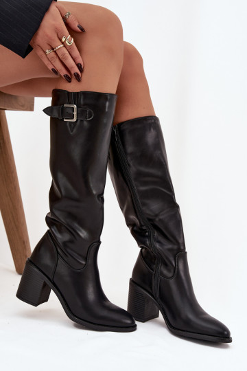 botas femininas com salto com fivelas cor preta Brenira
