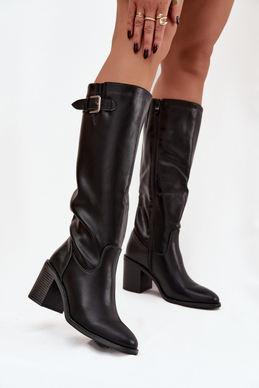botas femininas com salto com fivelas cor preta Brenira