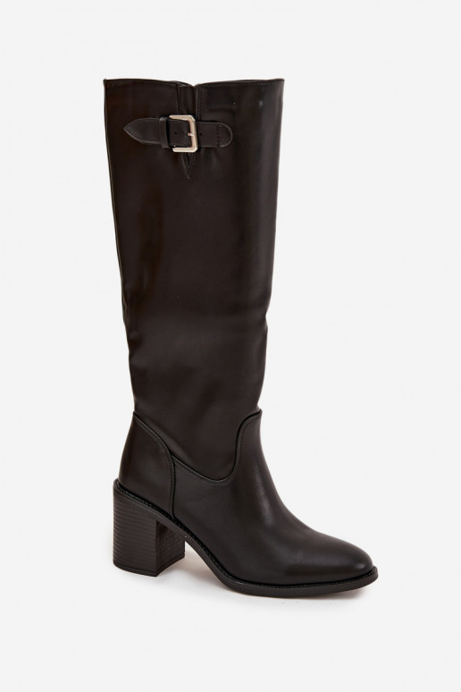 botas femininas com salto com fivelas cor preta Brenira