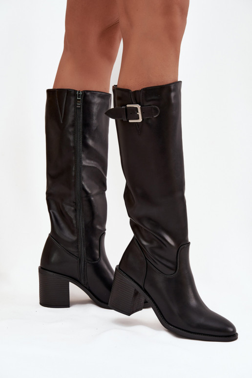 botas femininas com salto com fivelas cor preta Brenira