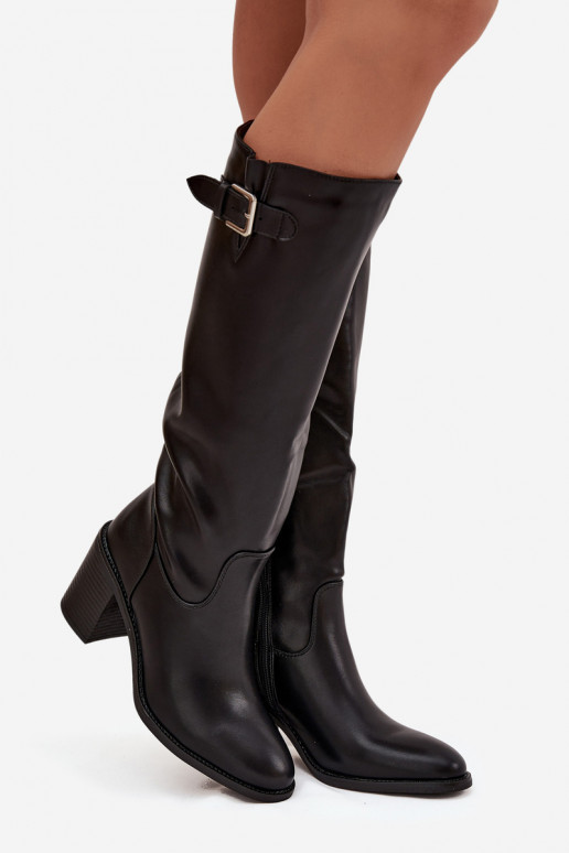 botas femininas com salto com fivelas cor preta Brenira