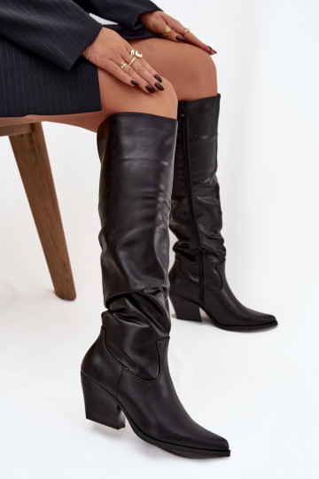 Botas de cano alto estilo cowboy com saltos, franzidos, forradas, na cor preta Rosvian