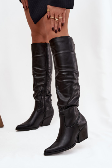 Botas de cano alto estilo cowboy com saltos, franzidos, forradas, na cor preta Rosvian 2