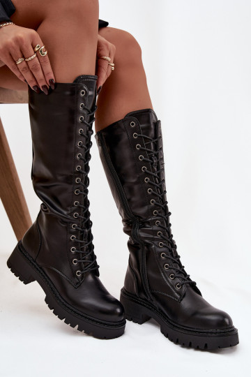 Botas femininas de cano alto forradas em couro com cadarços na cor preta Novissa 2