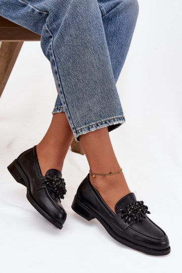 sapato mocassins femininos com enfeites cor preta Murelle